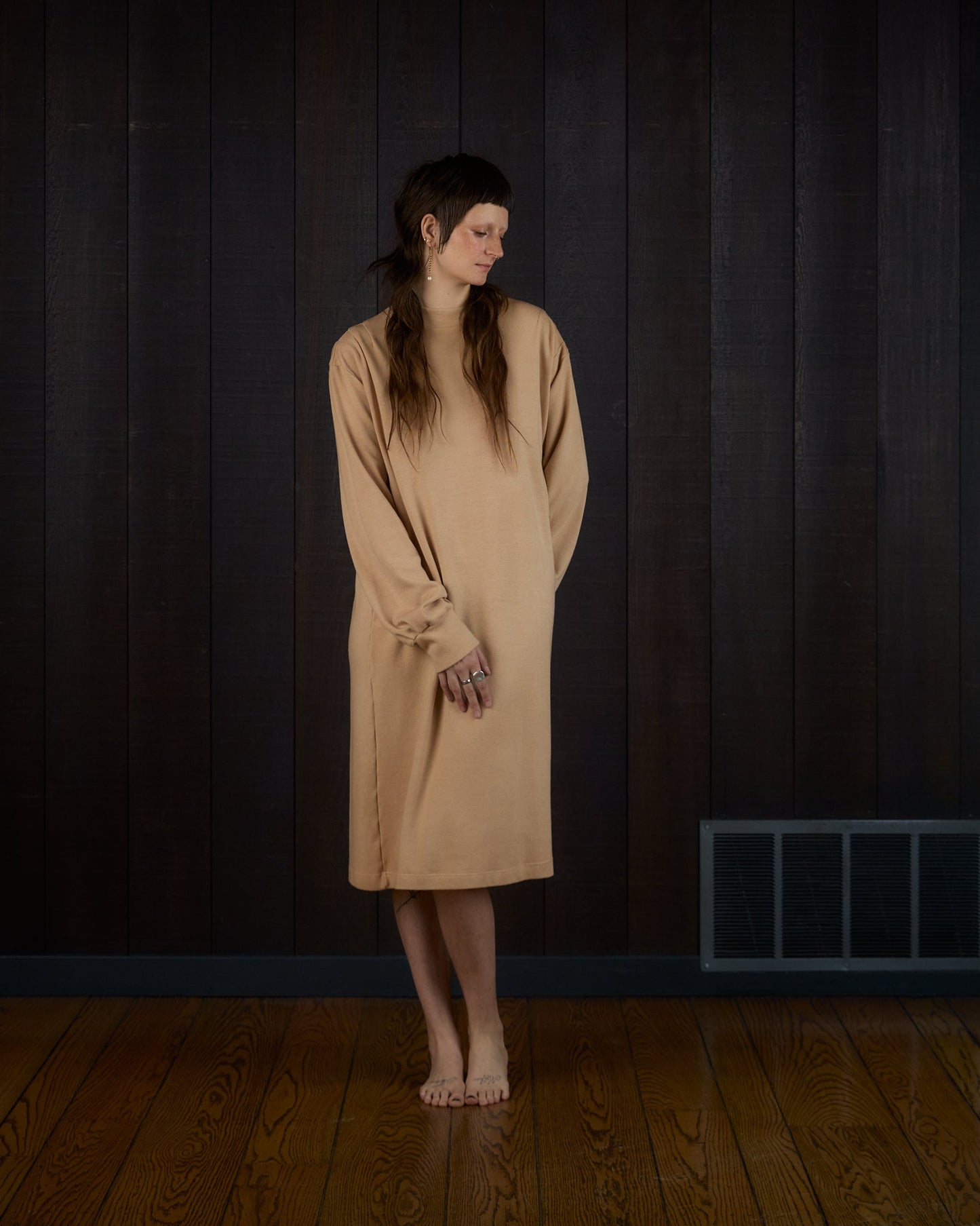 Asymmetric Pleats Midi Sweaterdress in Rocky Mountain Merino Wool