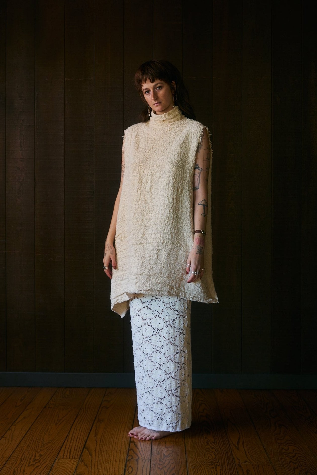 Olga Means Holy Funnelneck Sleeveless Dress in Handwoven Organic Cotton