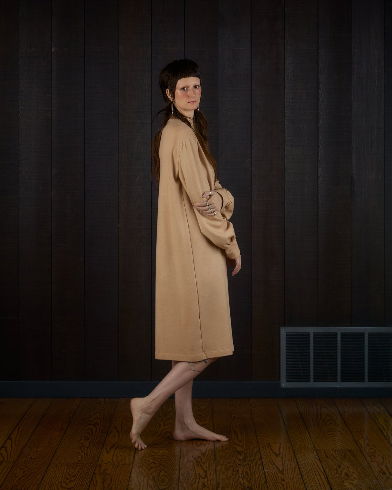 Asymmetric Pleats Midi Sweaterdress in Rocky Mountain Merino Wool