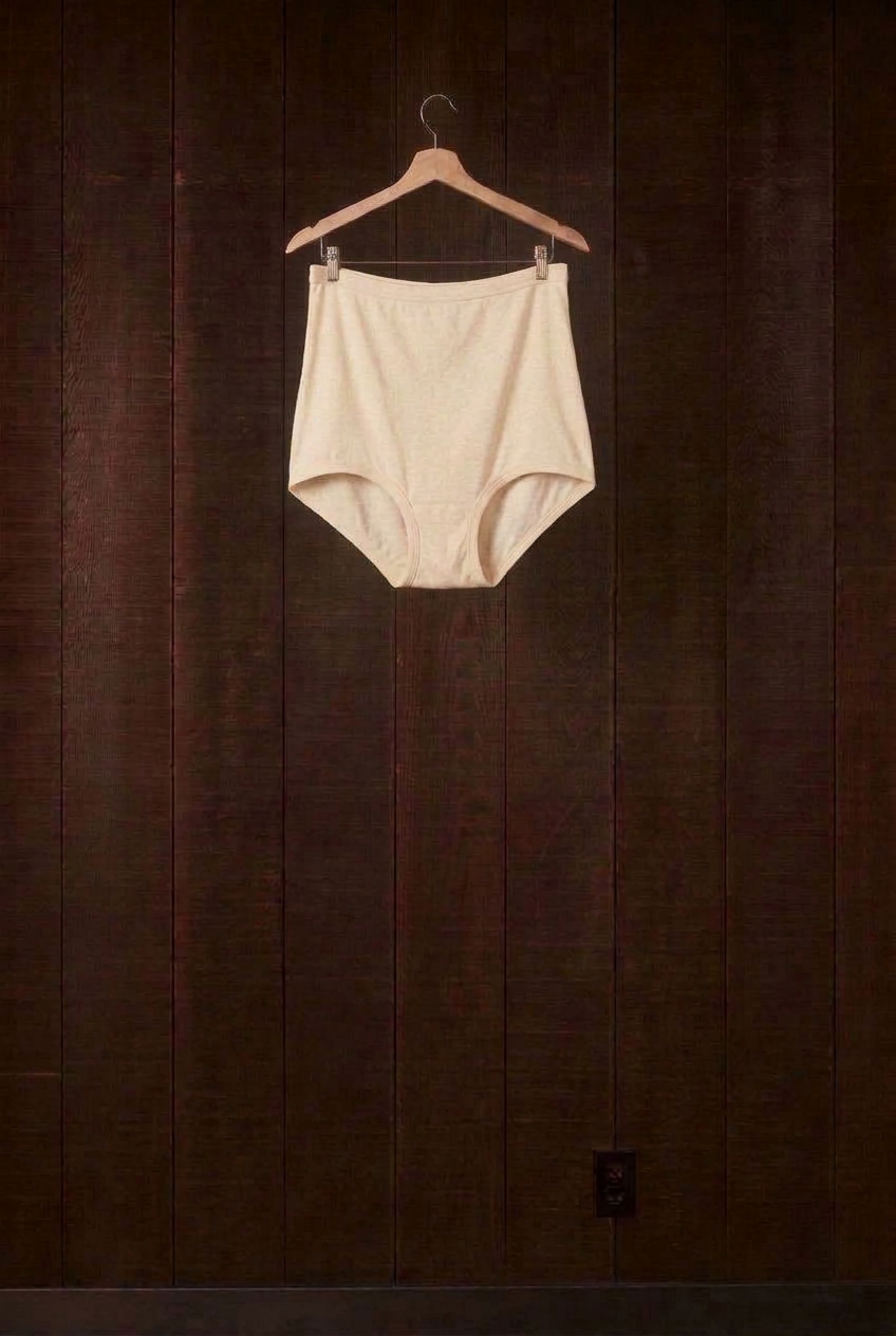 Undyed natural cotton Mamita's Highwaist Panty on a wooden hanger against a dark wood wall