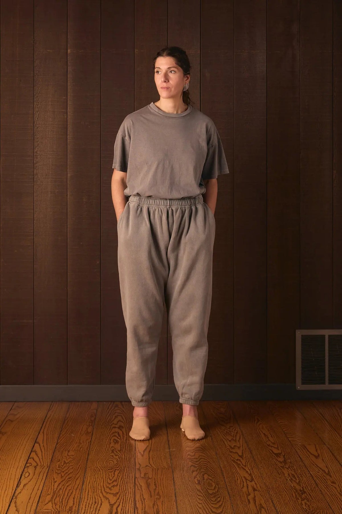 Den Shirt worn with the Solace Sweatpant (shown in OurCarbon gray for fit)