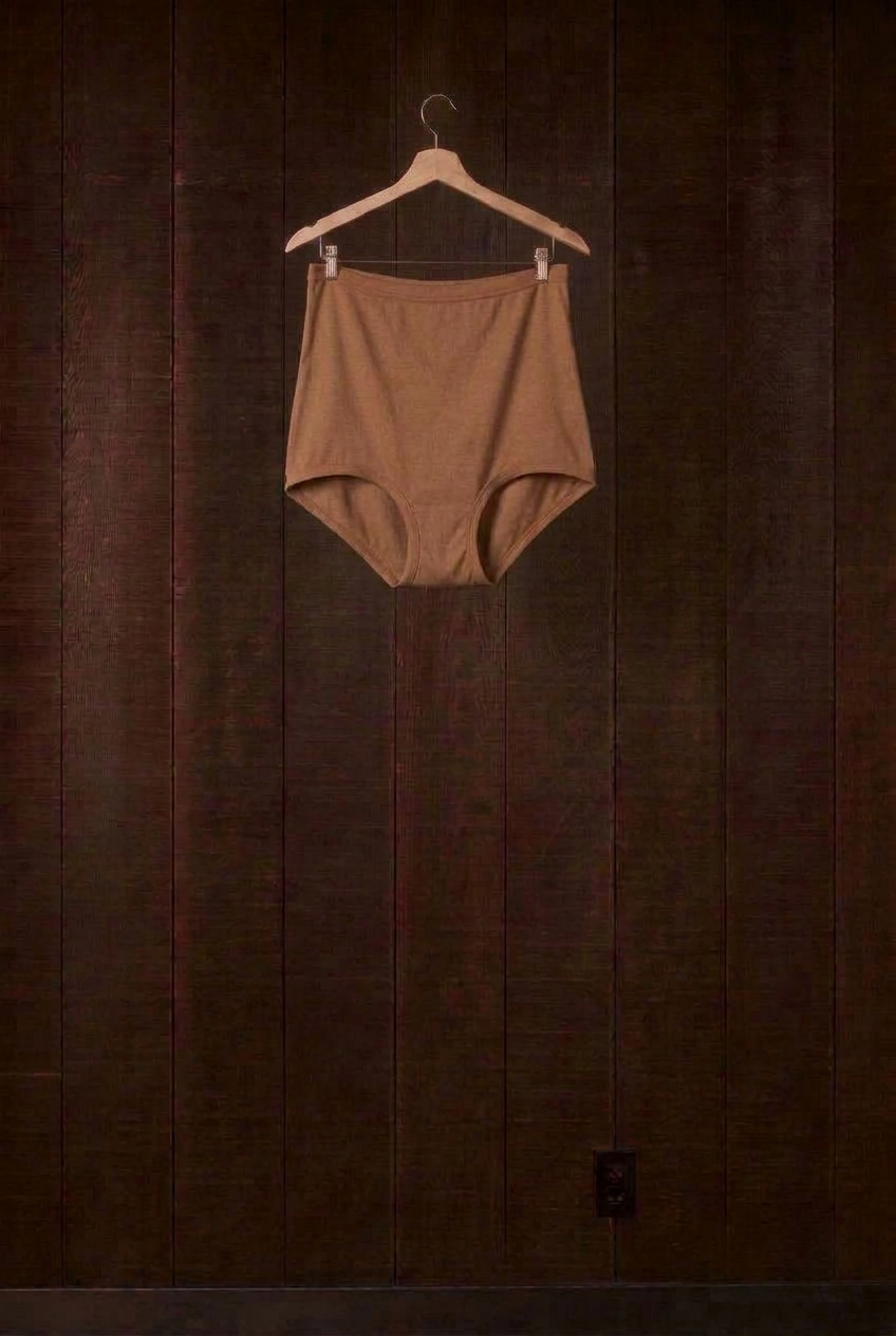 Cutch plant-dyed walnut cotton Mamita's Highwaist Panty on a wooden hanger against a dark wood wall