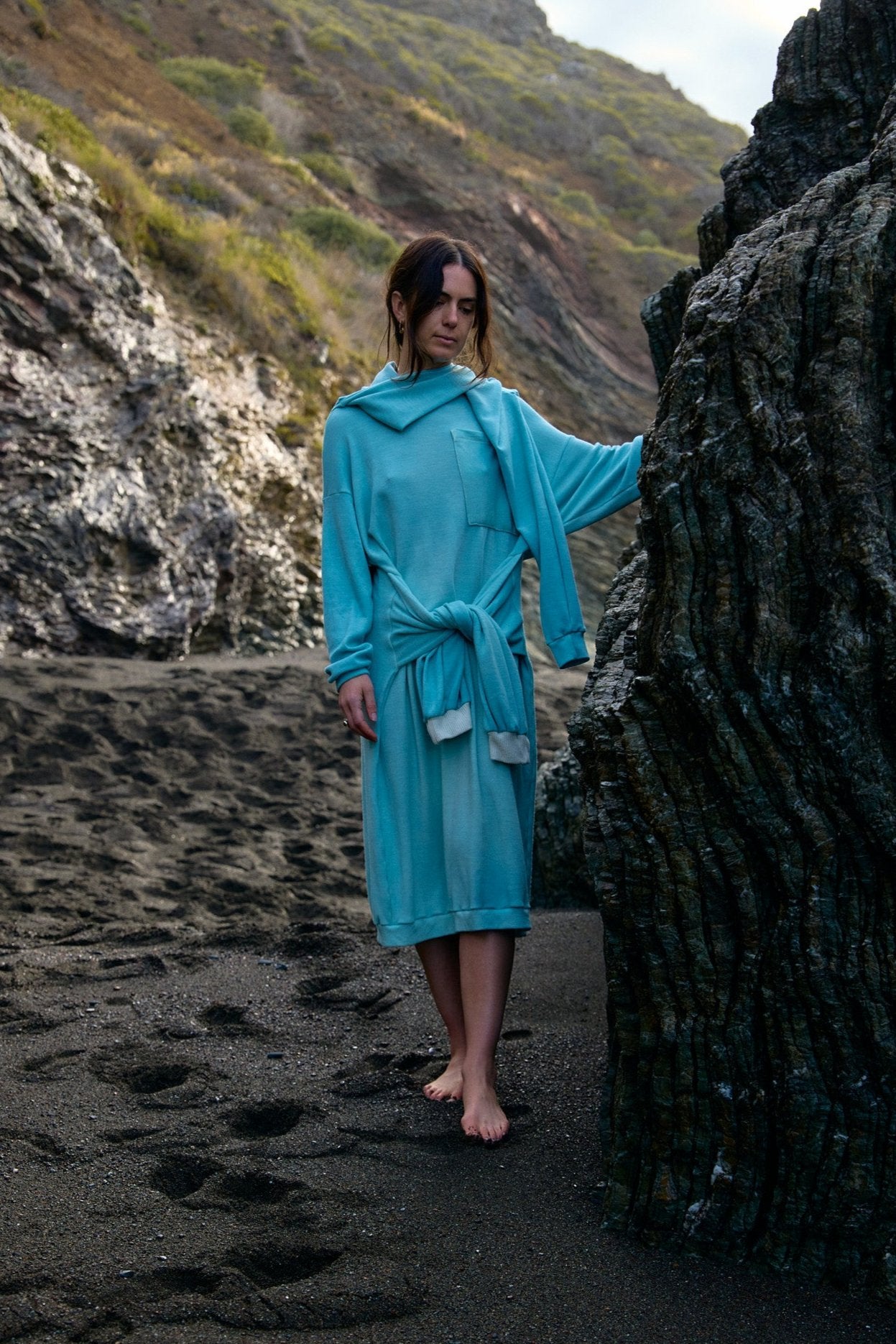 Wrapping Sleeves Midi Sweaterdress in Rocky Mountain Merino Wool